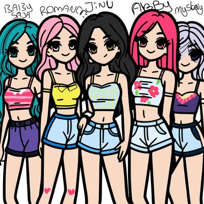 a group of girls wearing crop tops and shorts