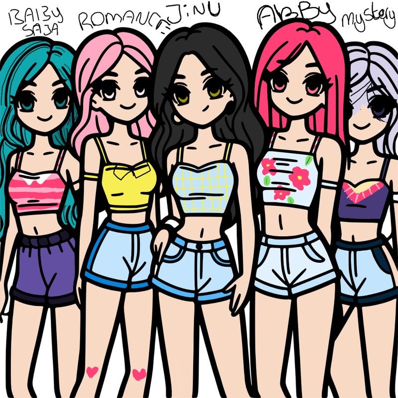 a group of girls wearing crop tops and shorts