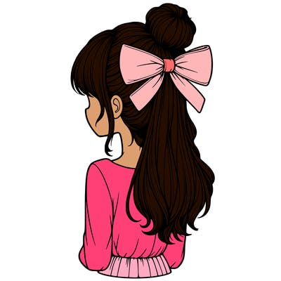 realistic girl  with hip length hair a bun and a big bow on the back of head
