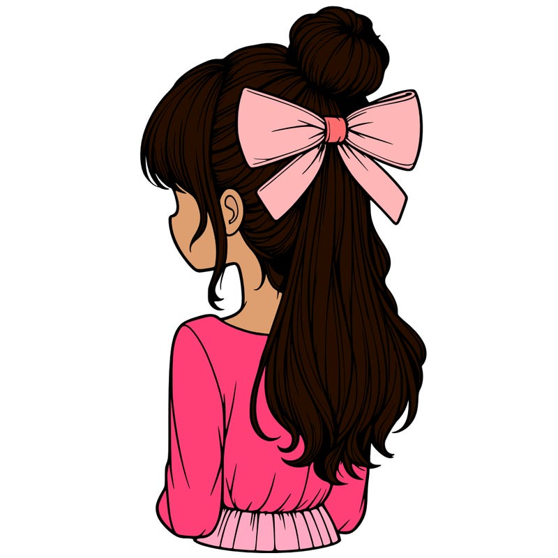 realistic girl  with hip length hair a bun and a big bow on the back of head