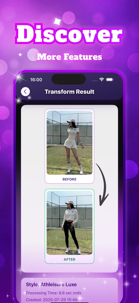 Hunee - Explore, Share - Hunee app before and after comparison of a virtual try-on for an Athleisure Luxe style