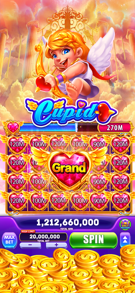 Jackpot Winner Casino Slots - Cupid themed mobile slot machine interface with heart shaped symbols and grand jackpot win