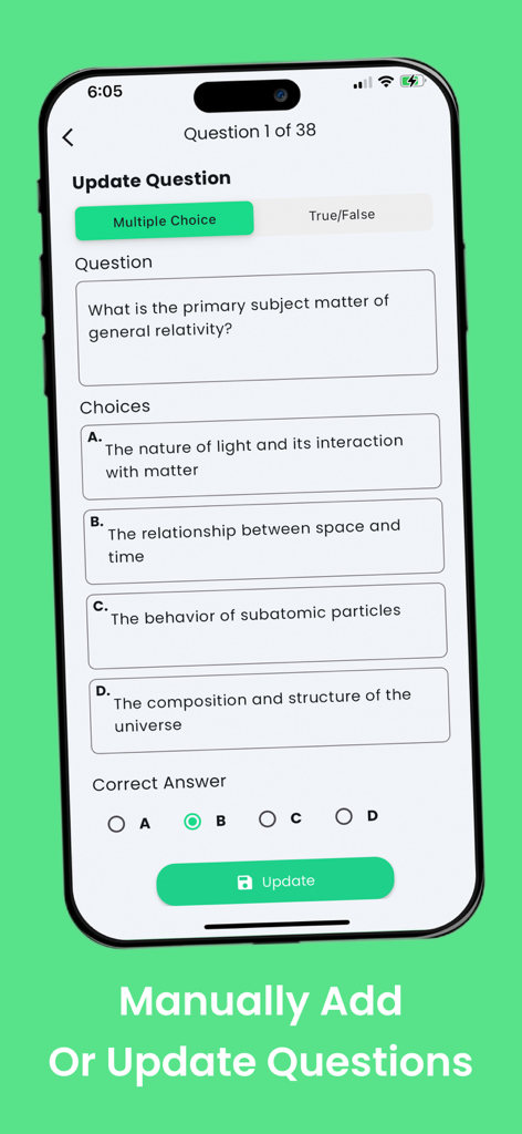 Quizziz: Quiz Maker Ai - Quizziz app interface for manually adding or updating multiple choice quiz questions.