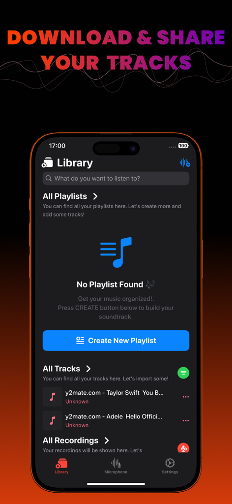 Oberfläche der Volume Booster App, die die Musikbibliothek mit Optionen zum Herunterladen und Teilen von Titeln zeigt