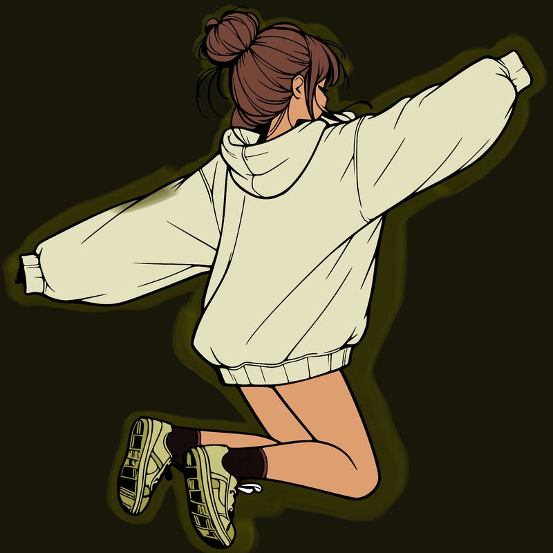 realistic girl jumping with a bun and oversized sweatshirt