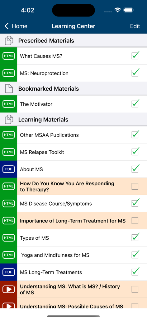 MSAA—My MS Manager - The Learning Center screen in the MSAA My MS Manager app showing a list of educational resources about Multiple Sclerosis