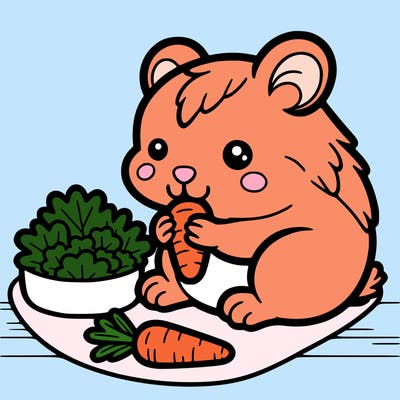 a hamster sits on a white floor. in front of the hamster is his food; he is eating carrots and lettuce.