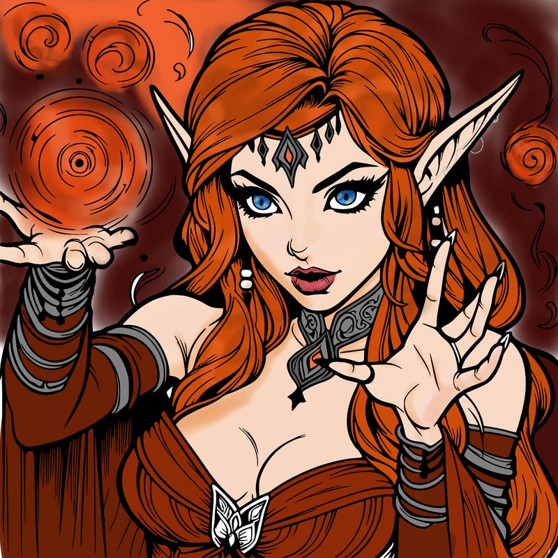 realistic scary beautiful elf sorceress casting spell