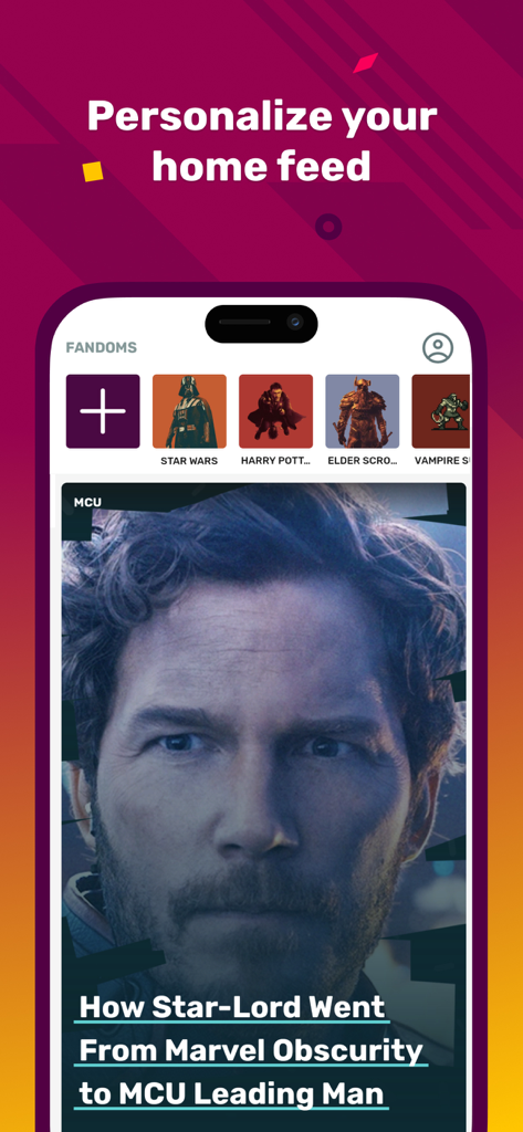 FANDOM app screen showing a personalized home feed with fan communities like Star Wars and Marvel