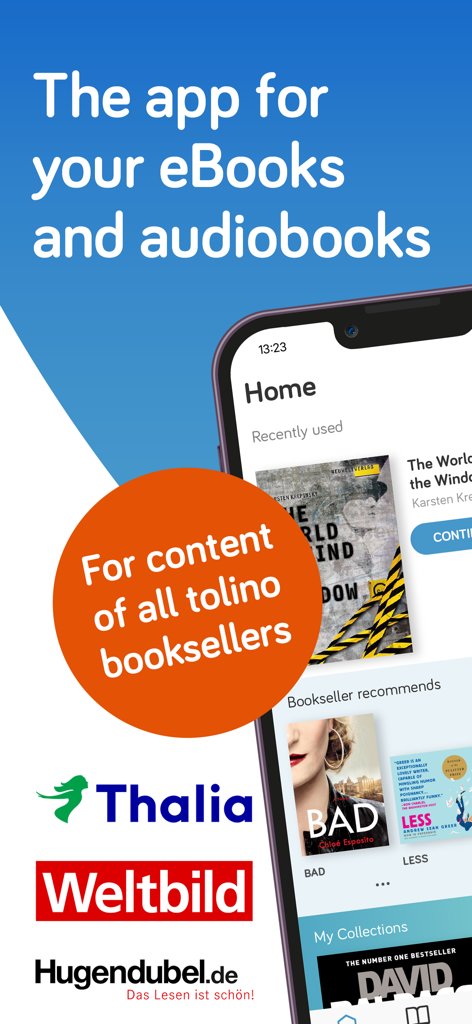 Tolino app home screen showing ebooks and audiobooks from bookstore partners Thalia Weltbild and Hugendubel