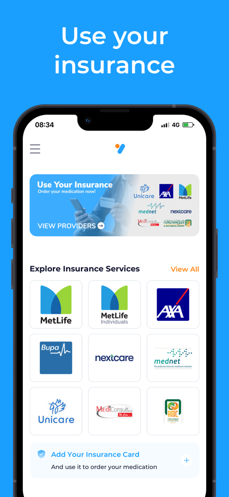 Interfaccia dell'app mobile Yodawy che mostra un elenco di fornitori di assicurazioni sanitarie supportati come MetLife e AXA per l'ordinazione di farmaci