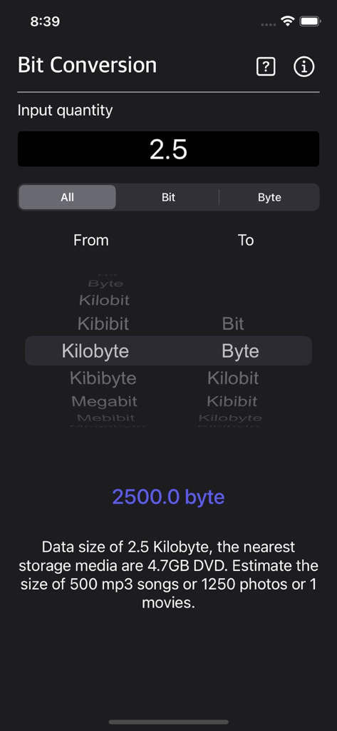 Bit Converter Plus - Bit Converter Plus app interface showing a kilobyte to byte conversion in dark mode
