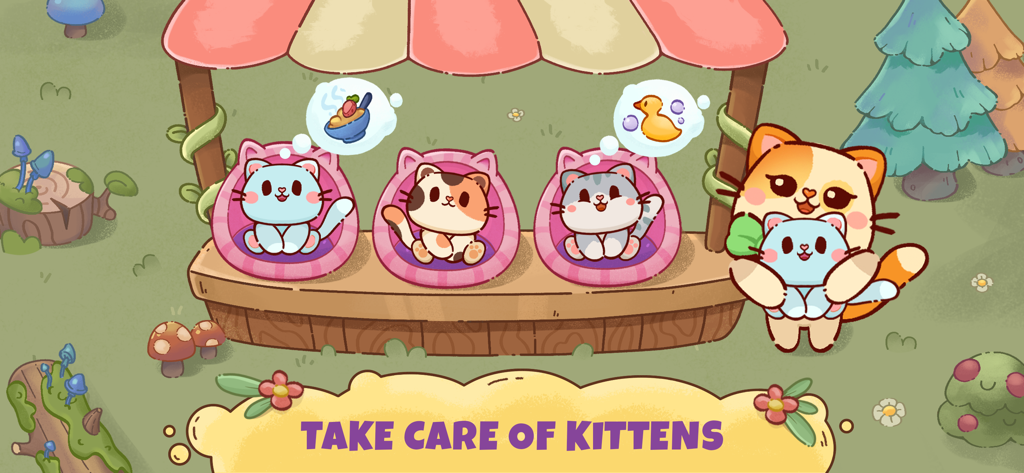Cats Care! Pet Games for Kids - Three adorable kittens in a daycare setting with thought bubbles showing their needs like food and a bath