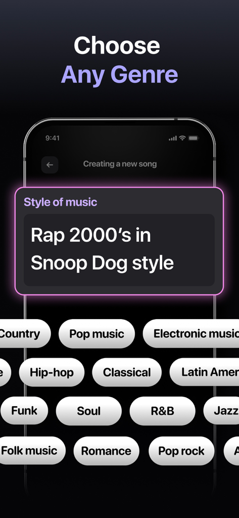 Interface of Muzio AI app showing music genre selection with options like Hip-hop, Pop, and R&B.