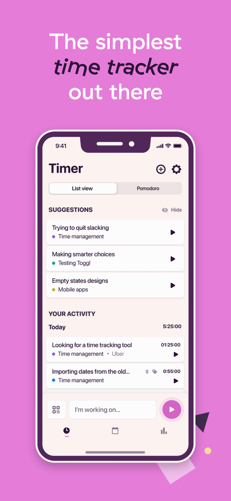 Toggl Track app interface showing the timer screen with list view and activity suggestions