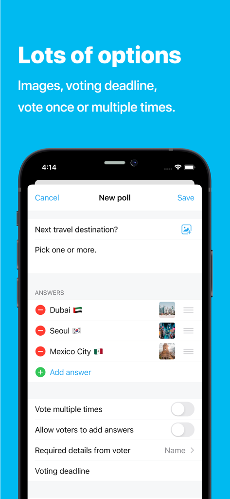 Pollie: Create Polls - Interface of Pollie app showing the creation of a travel destination poll with custom image answers and voting settings