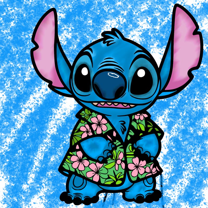 stitch with a hawaiian shirt that has flowers on it