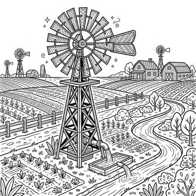 Immerse yourself in the tranquility of a working farm with this captivating wind pump coloring page. Discover intricate details of agricultural irrigation and rustic charm, perfect for a relaxing creative session.