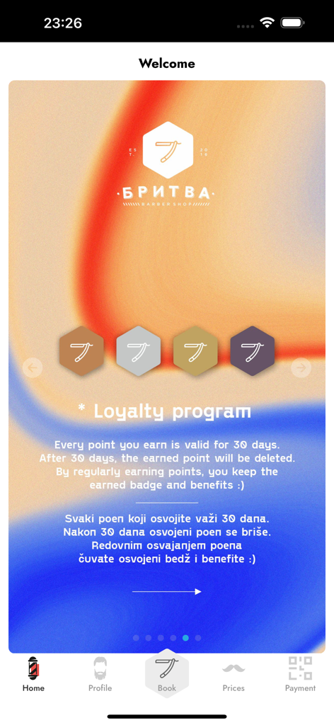 Britva - Écran du programme de fidélité dans l'application Britva barber shop montrant les badges d'adhésion et les informations sur les points.