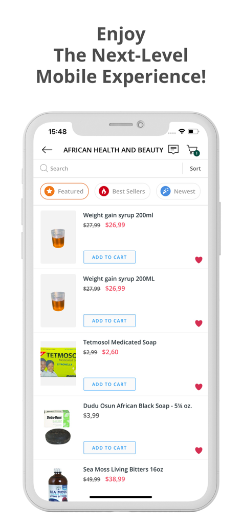 ER African Market - Screenshot of ER African Market app showing health and beauty products like African black soap and sea moss bitters.