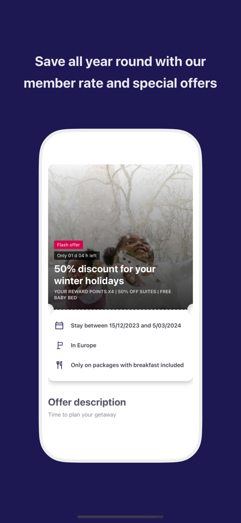 ALL Accor mobile app screen showing special member offers and winter holiday discounts