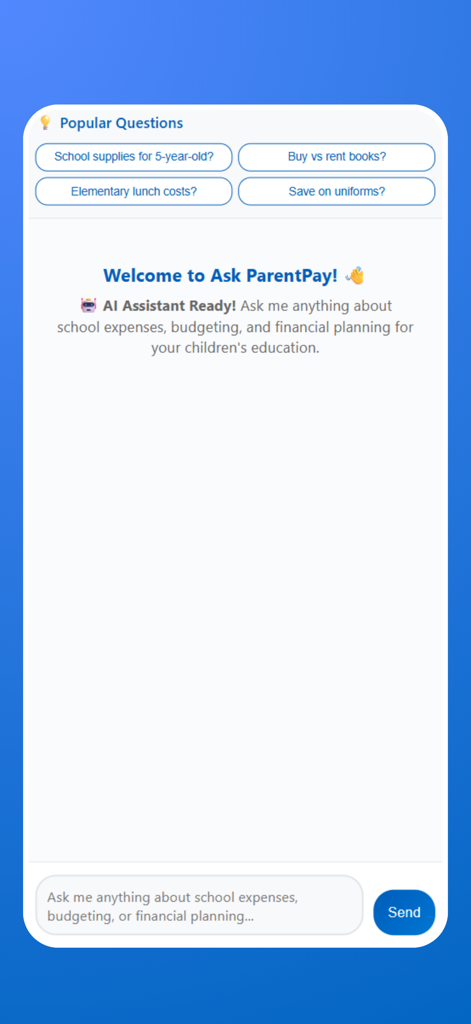 학교 비용에 대한 제안 질문을 보여주는 ParentPay AI 비서 채팅 화면