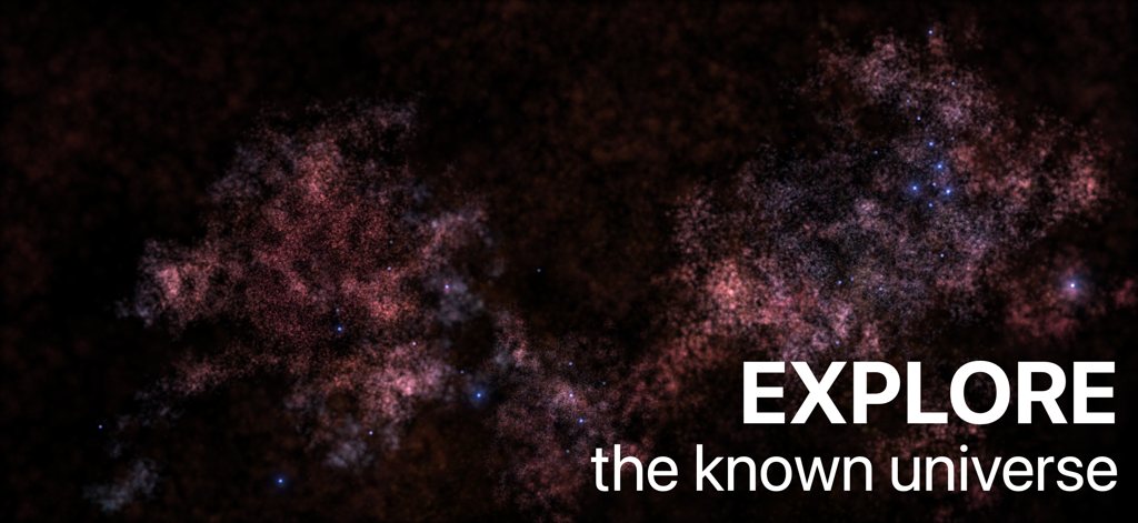 Celestia - Space Simulator - 既知の宇宙を探検する言葉と共に、星雲と星を示す深宇宙のシーン。