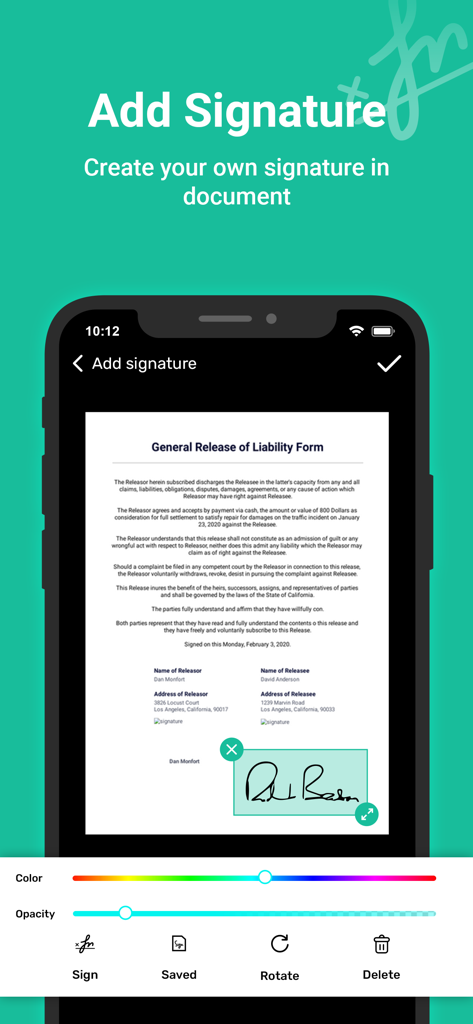 Cam Scanner - Doc Scan - Écran de smartphone affichant l'outil de signature numérique dans l'application Cam Scanner utilisé sur un formulaire de responsabilité