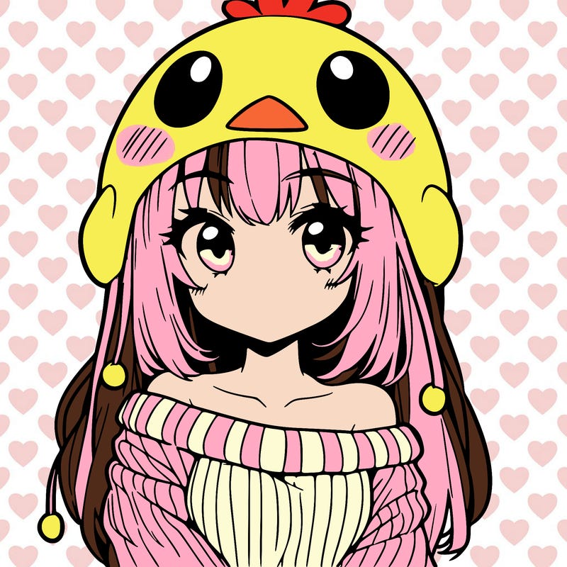 anime girl with chick shaped hat with sweater with bare shoulders with bangs covering them one eye with low tail