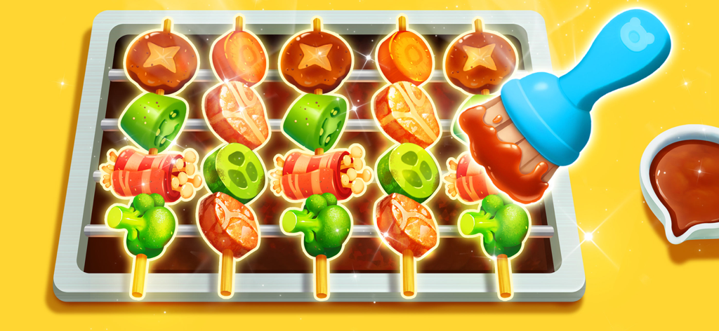 Colorful skewers with meat and vegetables being brushed with sauce on a grill.