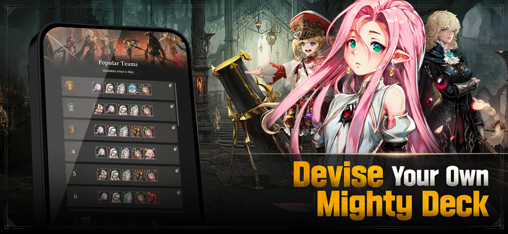 HEIR OF LIGHT Eclipseモバイル画面。人気のチーム編成とアニメキャラクターアートを表示。