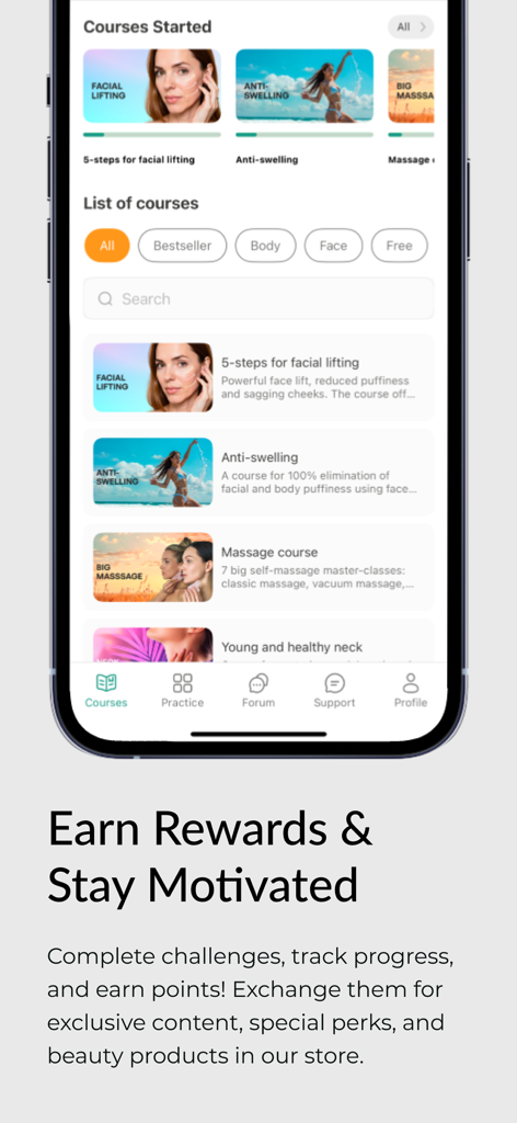 MindBodyFace+ - MindBodyFace plus app screen showing a library of beauty and wellness courses including facial lifting and anti-swelling