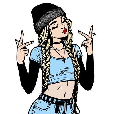 realistic teenage girl with braids and a beanie and crop top doing 🫶🏼