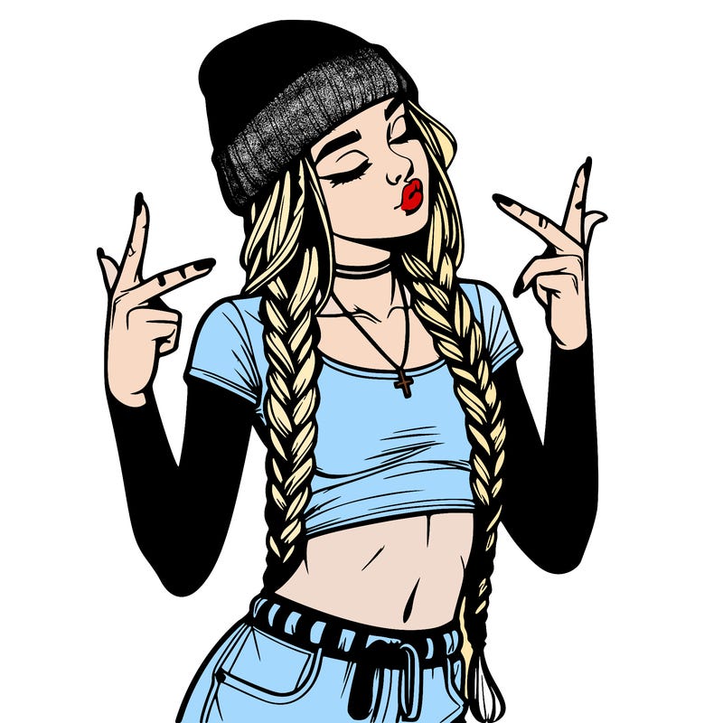 realistic teenage girl with braids and a beanie and crop top doing 🫶🏼