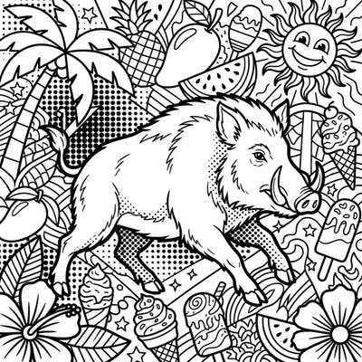 Dive into a burst of creativity with this dynamic Wild Boar Pop Art coloring page, perfect for summer fun. Featuring bold lines, halftone patterns, and a lively tropical backdrop, it's an exciting artistic challenge for all ages.