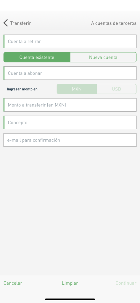 CSN Móvil - Pantalla de transferencia en la aplicación CSN Móvil que muestra campos para seleccionar cuentas e ingresar montos de transferencia en MXN o USD.