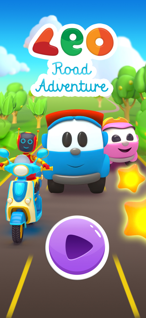 Start screen of Leo Road Adventure car game featuring Leo the Truck and a play button
