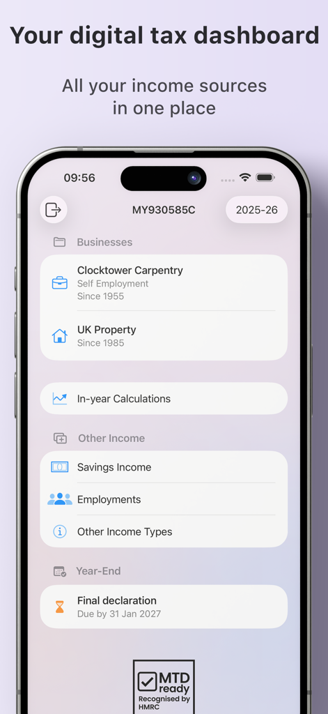 Uma tela de smartphone exibindo o painel fiscal digital com fontes de renda categorizadas como autônomo, propriedade no Reino Unido e renda de poupança.