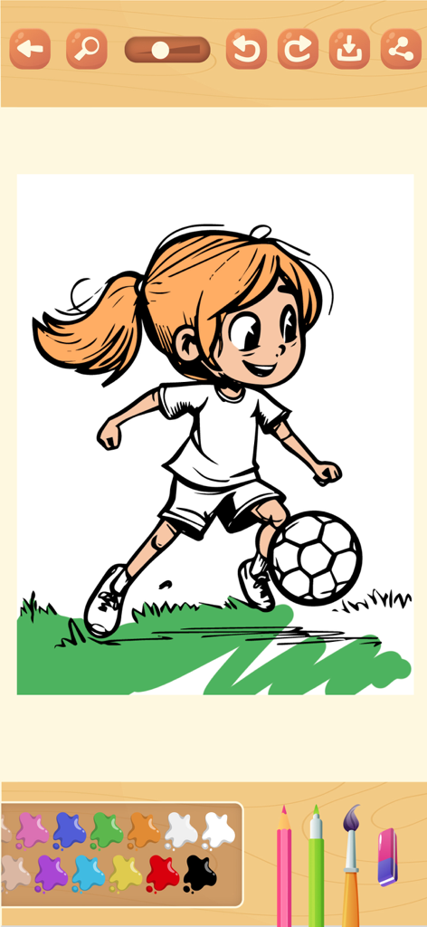 Paint magic soccer pages - Eine digitale Malvorlage eines Mädchens, das Fußball spielt, mit einer Auswahl an Farben und Malwerkzeugen darunter