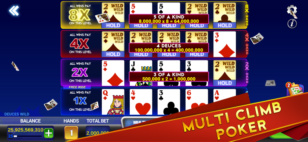 Gameplay screenshot of Multi Climb Poker mode in Video Poker Multi Deuces Wild showing four levels of hands with multipliers up to 8x and big chip wins