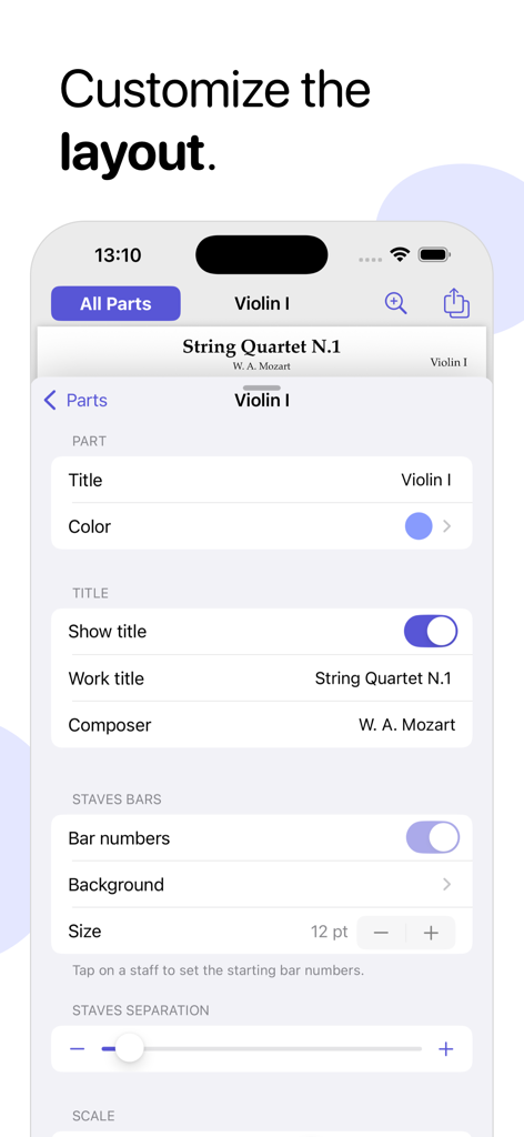 Partifier: extract score parts - A screenshot of the Partifier app showing layout customization options like bar numbers and staves separation for a violin part