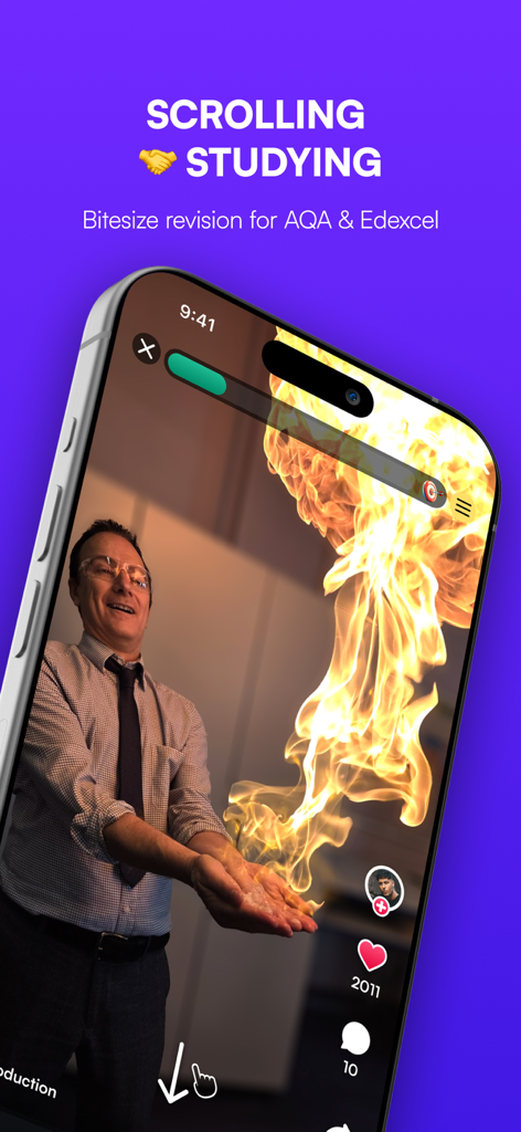 Interface of the Revyze app showing a vertical video of a science experiment with fire for GCSE revision