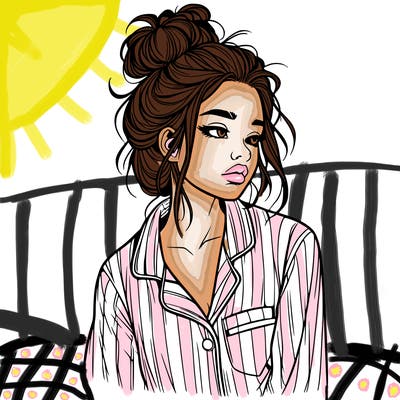 realistic woman with pajamas on and a messy bun