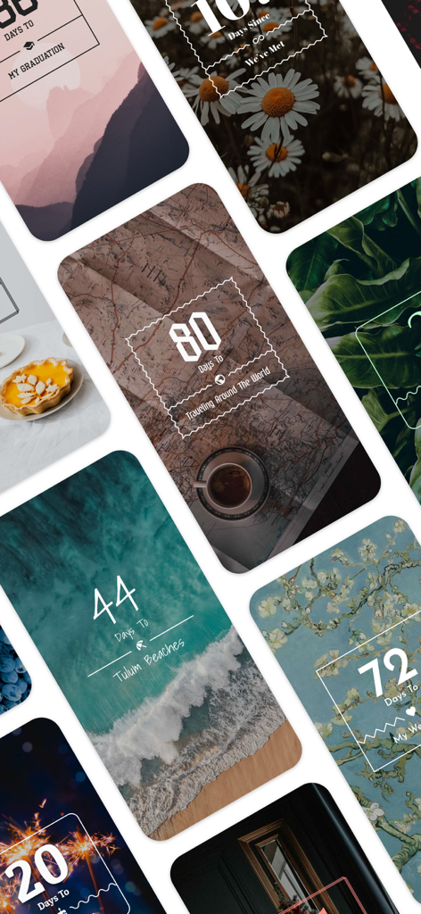 Collage de pantallas estéticas de cuenta atrás para viajes y eventos importantes con fondos personalizados