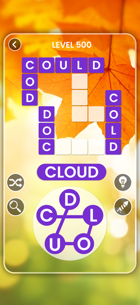 Word Crossy - Brain Word Game - Word Crossy mobile game interface featuring a crossword puzzle and letter wheel with a cozy autumn leaf background.