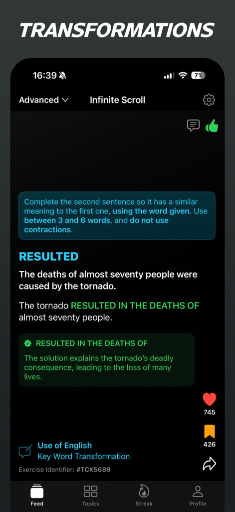 Esercizio avanzato di trasformazione di frasi inglesi sull'interfaccia dell'app Cambridge English Shorts