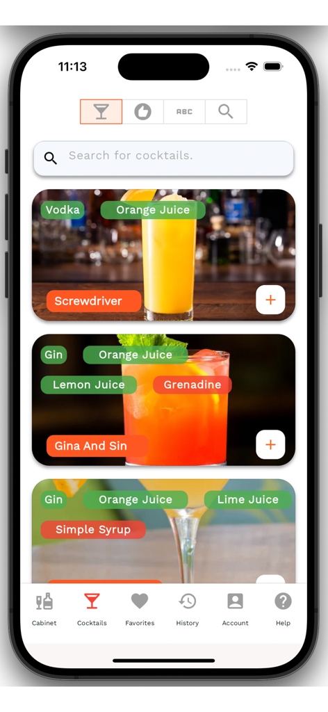 Bartifier - Bartifier app interface displaying a list of cocktail recipes with ingredient labels