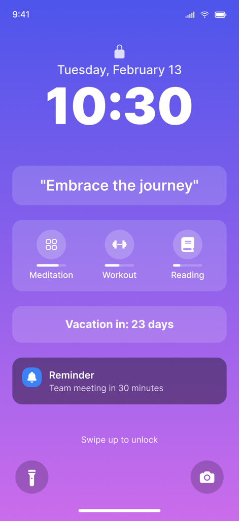 Ai AnyText - Any Text Widget - iPhone lock screen displaying a custom text widget with the quote Embrace the journey and activity progress trackers on a purple background.