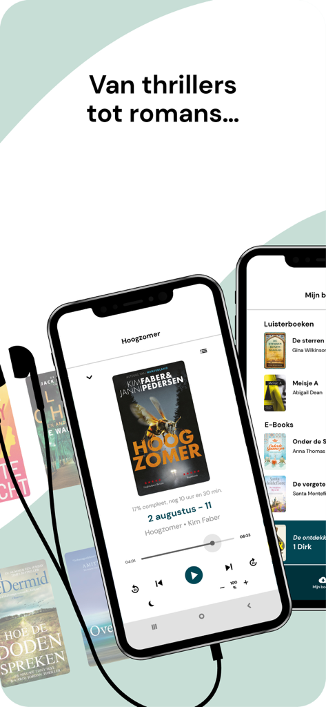 Bookchoice - 오디오북 플레이어와 엄선된 책 표지가 포함된 Bookchoice 앱 인터페이스를 보여주는 스마트폰.