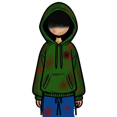 faceless girl in a tracksuit with a hood on and no hair